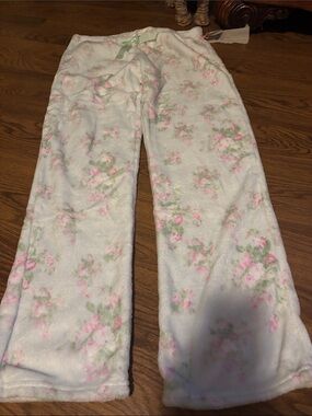 Shabby Chic White Pajama Pants with Pink & Green Floral Print